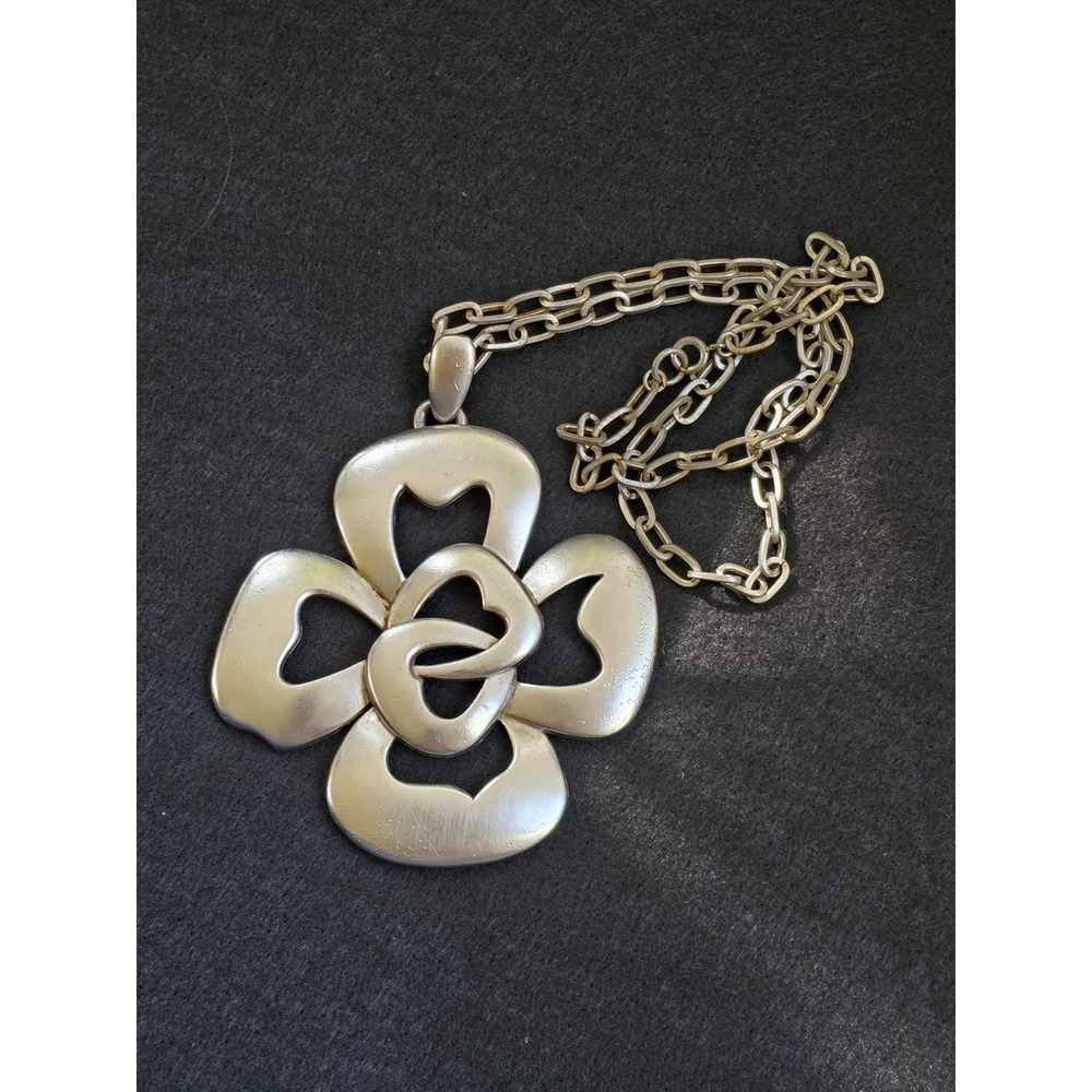 Trifari Vintage 1960s Modernist Clover Leaf Statement Pendant Necklace Silver